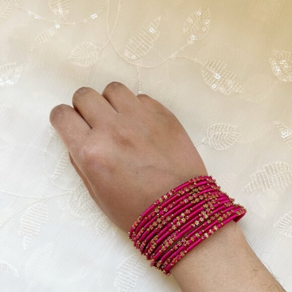 hot pink rani pink and gold silk thread bangle set Desi Wedding haldi - Picture 1 of 12